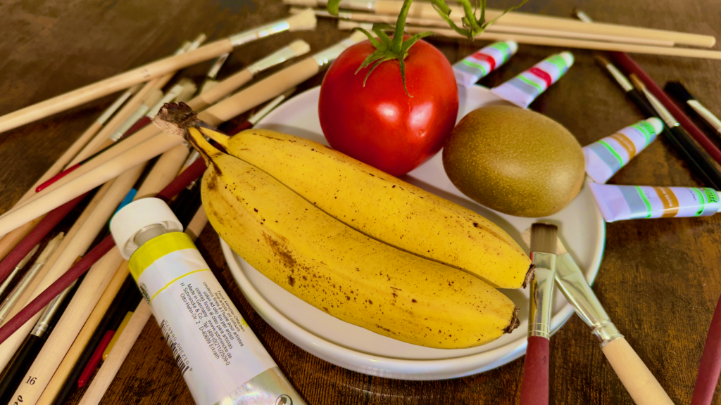 Preparation for painting a Banana, Kiwi and Tomato